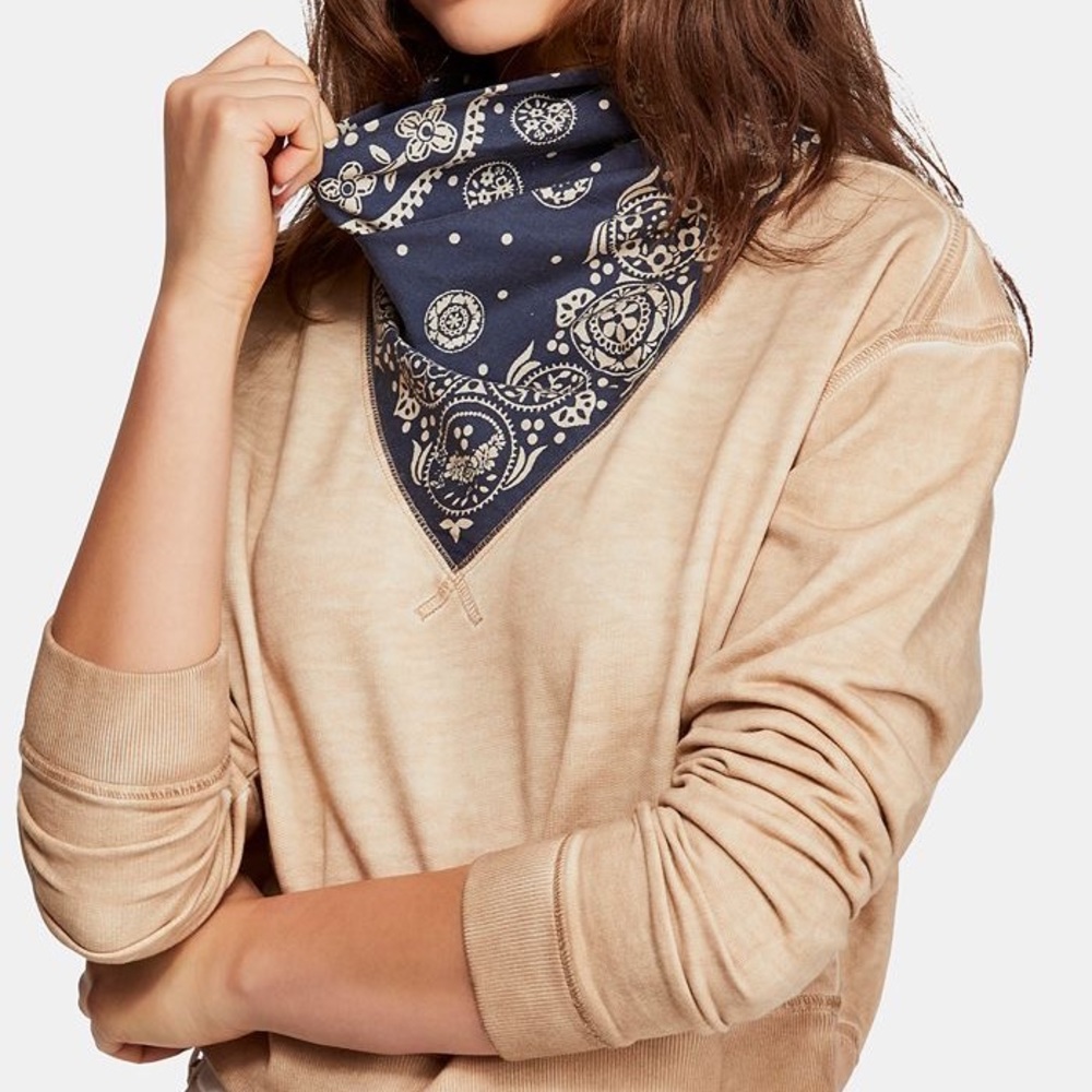 NWT Free People James Bandana Print Pullover Sweatshirt Ivory Navy